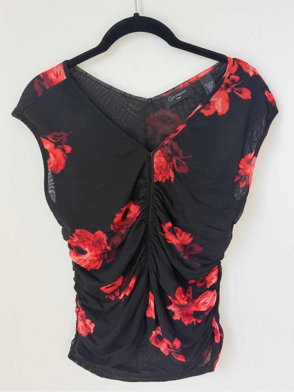 Y2K Black Top with Red Floral Ruched Front
